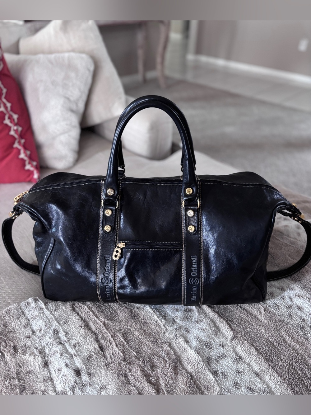 Marino Orlandi  Large Leather Duffel Travel  Bag  Black Gold Hardware